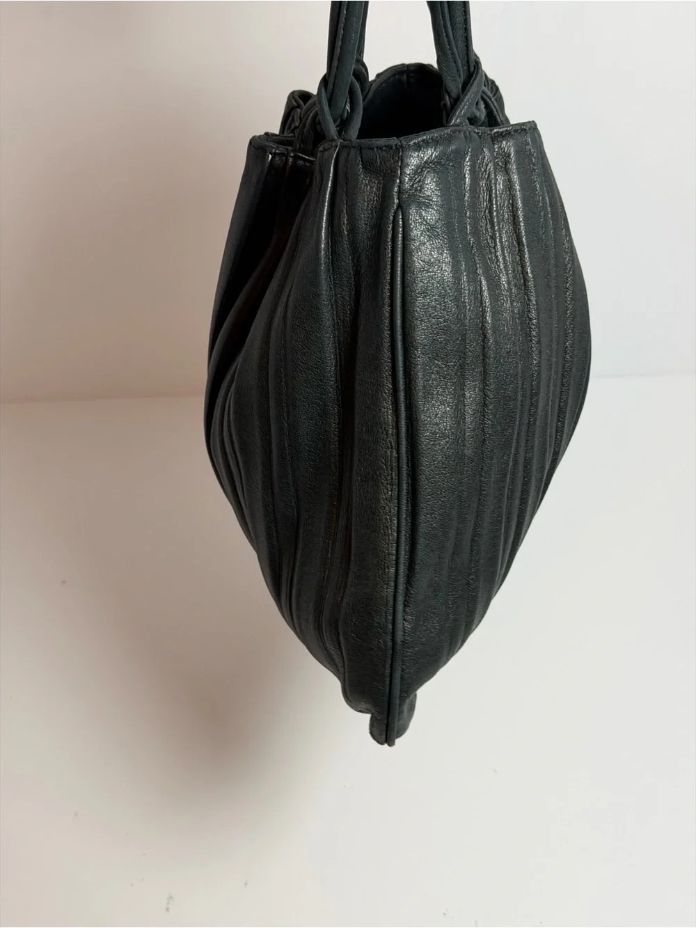 Giorgio Armani Drawstring Black Pleated Leather Bucket Bag